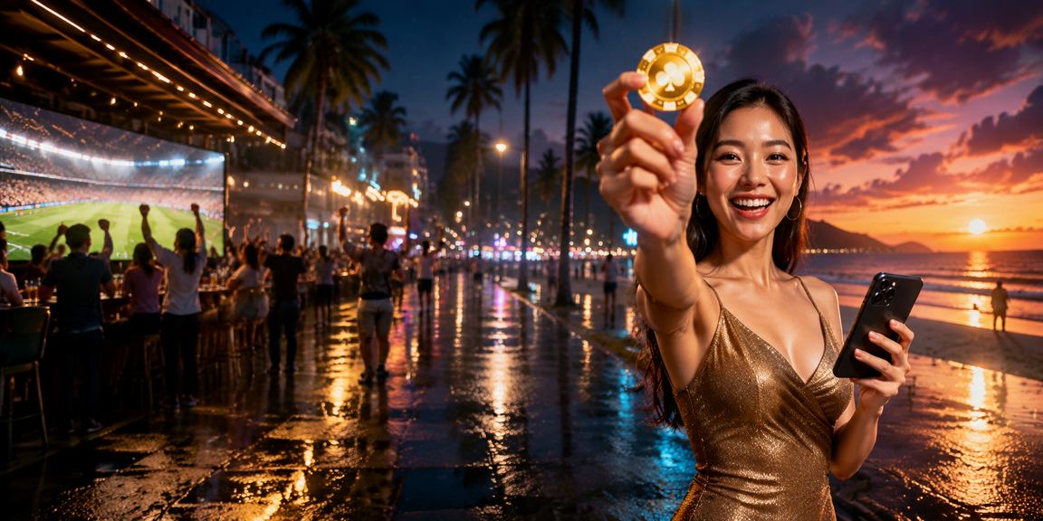Người chơi truy cập k15 trên điện thoại tại bãi biển Phú Quốc để kiểm tra voucher casino